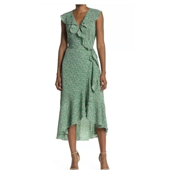 MAX STUDIO Green Floral Ruffle Wrap Midi Dress | Medium - Picture 8 of 8